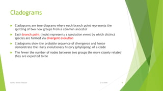 Cladograms
 Cladograms are tree diagrams where each branch point represents the
splitting of two new groups from a common ancestor
 Each branch point (node) represents a speciation event by which distinct
species are formed via divergent evolution
 Cladograms show the probable sequence of divergence and hence
demonstrate the likely evolutionary history (phylogeny) of a clade
 The fewer the number of nodes between two groups the more closely related
they are expected to be
2/12/2018By Mrs. Mariam Ohanyan 8
 
