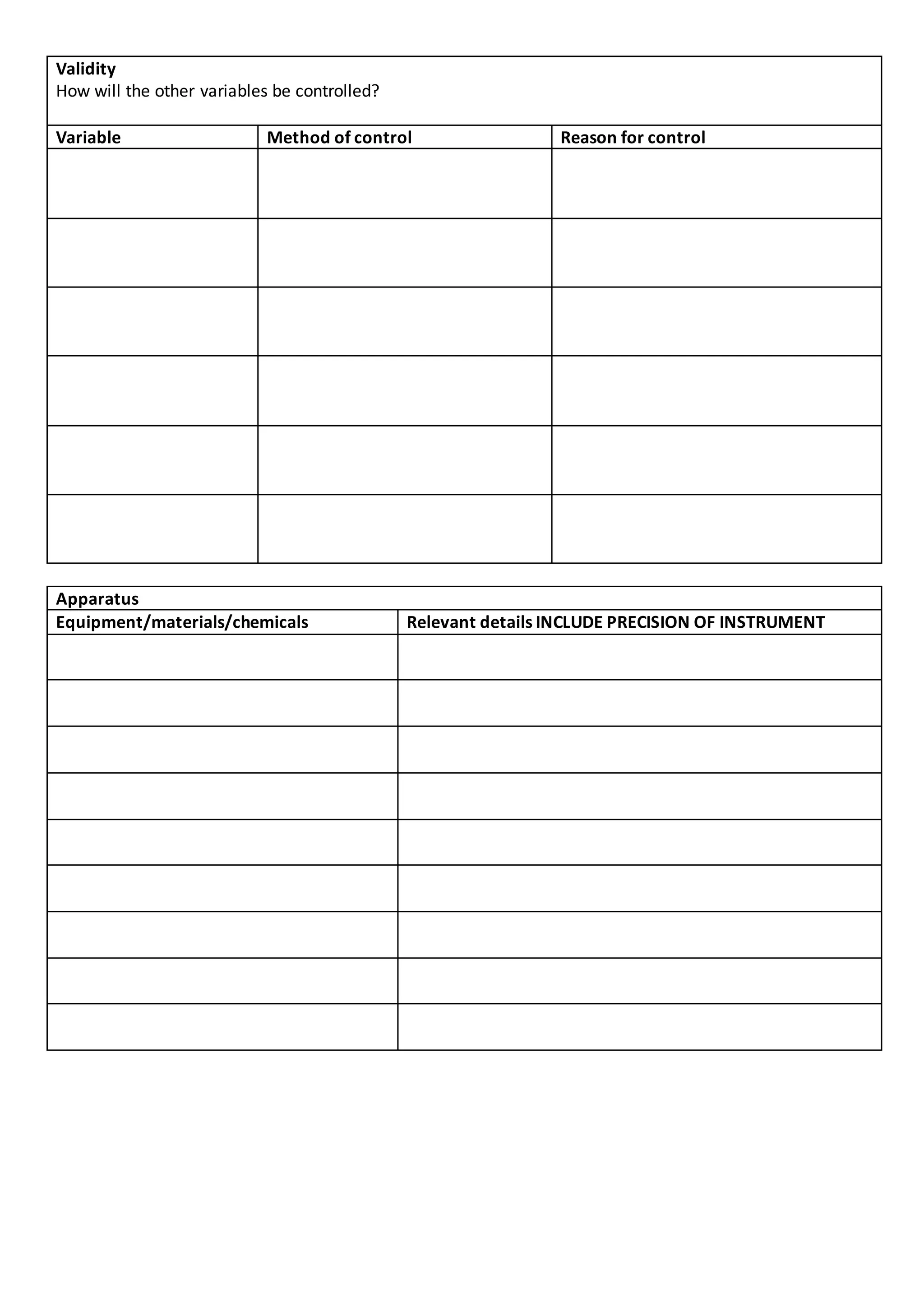 Validity
How will the other variables be controlled?
Variable Method of control Reason for control
Apparatus
Equipment/materials/chemicals Relevant details INCLUDE PRECISION OF INSTRUMENT
 