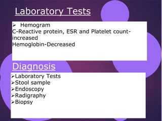 Laboratory Tests
 Hemogram
C-Reactive protein, ESR and Platelet count-
increased
Hemoglobin-Decreased
Diagnosis
Laboratory Tests
Stool sample
Endoscopy
Radigraphy
Biopsy
 