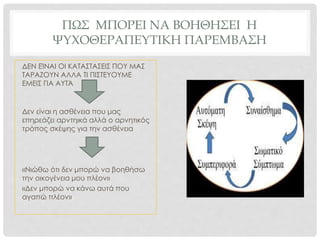 ΠΩΣ ΜΠΟΡΕΙ ΝΑ ΒΟΗΘΗΣΕΙ Η
ΨΥΧΟΘΕΡΑΠΕΥΤΙΚΗ ΠΑΡΕΜΒΑΣΗ
ΔΕΝ ΕΊΝΑΙ ΟΙ ΚΑΤΑΣΤΑΣΕΙΣ ΠΟΥ ΜΑΣ
ΤΑΡΑΖΟΥΝ ΑΛΛΑ ΤΙ ΠΙΣΤΕΥΟΥΜΕ
ΕΜΕΙΣ ΓΙΑ ΑΥΤΆ
Δεν είναι η ασθένεια που μας
επηρεάζει αρντηικά αλλά ο αρνητικός
τρόπος σκέψης για την ασθένεια
«Νιώθω ότι δεν μπορώ να βοηθήσω
την οικογένεια μου πλέον»
«Δεν μπορώ να κάνω αυτά που
αγαπώ πλέον»
 