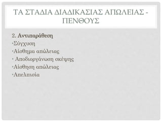ΤΑ ΣΤΑΔΙΑ ΔΙΑΔΙΚΑΣΙΑΣ ΑΠΩΛΕΙΑΣ -
ΠΕΝΘΟΥΣ
2. Αντιπαράθεση
•Σύγχυση
•Αίσθημα απώλειας
• Αποδιοργάνωση σκέψης
•Αίσθηση απώλειας
•Απελπισία
 