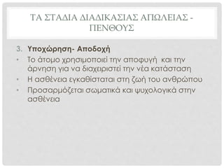 ΤΑ ΣΤΑΔΙΑ ΔΙΑΔΙΚΑΣΙΑΣ ΑΠΩΛΕΙΑΣ -
ΠΕΝΘΟΥΣ
3. Υποχώρηση- Αποδοχή
• Το άτομο χρησιμοποιεί την αποφυγή και την
άρνηση για να διαχειριστεί την νέα κατάσταση
• Η ασθένεια εγκαθίσταται στη ζωή του ανθρώπου
• Προσαρμόζεται σωματικά και ψυχολογικά στην
ασθένεια
 