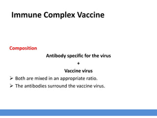 Immune Complex Vaccine
Composition
Antibody specific for the virus
+
Vaccine virus
 Both are mixed in an appropriate ratio.
 The antibodies surround the vaccine virus.
 