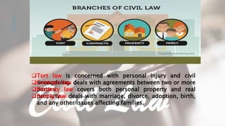Tort law is concerned with personal injury and civil
wrongdoing.Contract law deals with agreements between two or more
partiesProperty law covers both personal property and real
property.Family law deals with marriage, divorce, adoption, birth,
and any other issues affecting families.
 