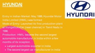 HYUNDAI
Entry in Indian Market: May 1996, Hyundai Motor
India Limited (HMIL) was formed
Mode of Entry: Launched its first production plant
at Irungattukottai (near chennai) in Tamil Nadu in
1996.
Production: HMIL became the second largest
automobile manufacturer in India within a few
months of its inception.
Largest automobile exporter in India
The second largest car manufacturer in India
 