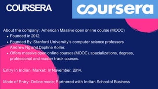 About the company: American Massive open online course (MOOC)
Founded in 2012.
Founded By: Stanford University's computer science professors
Andrew Ng and Daphne Koller.
Offers massive open online courses (MOOC), specializations, degrees,
professional and master track courses.
Entry in Indian Market: InNovember, 2014.
Mode of Entry: Online mode; Partnered with Indian School of Business
COURSERA
 