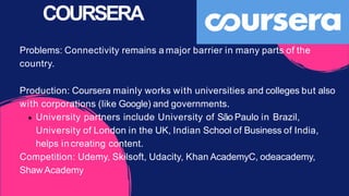 Problems: Connectivity remains a major barrier in many parts of the
country.
Production: Coursera mainly works with universities and colleges but also
with corporations (like Google) and governments.
University partners include University of São Paulo in Brazil,
University of London in the UK, Indian School of Business of India,
helps in creating content.
Competition: Udemy, Skilsoft, Udacity, Khan AcademyC, odeacademy,
Shaw Academy
COURSERA
 