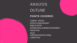 ANALYSIS
OUTLINE
POINTS COVERED:
COMPANY PROFILE
ENTERY IN INDIAN MARKET
MODE OF ENTRY
INTERNATIONAL BUSINESS ENVIRONMENT
PRODUCTION
SALES
CORPORATE RESTRUCTURING
COMPETITION
IBE
 