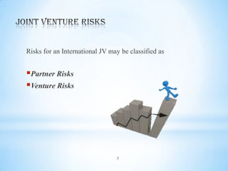 Risks for an International JV may be classified as

Partner Risks
Venture Risks

7

 