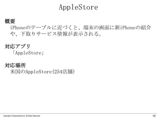 AppleStore
概要
iPhoneのテーブルに近づくと、端末の画面に新iPhoneの紹介
や、下取りサービス情報が表示される。
対応アプリ
「AppleStore」
対応場所
米国のAppleStore(254店舗)

Copyright ©Classmethod.inc All Right Reserved.

18

 