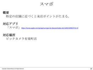 スマポ
概要
特定の店舗に近づくと来店ポイントがたまる。
対応アプリ
「スマポ」https://itunes.apple.com/jp/app/sumapo-lai-dianpointodeo-de!/id463189824?mt=8
対応場所
ビックカメラ有楽町店

Copyright ©Classmethod.inc All Right Reserved.

20

 