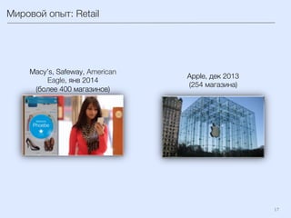 17	
  
Мировой опыт: Retail
Macy’s, Safeway, American
Eagle, янв 2014 
(более 400 магазинов)
Applе, дек 2013 
(254 магазина)
 