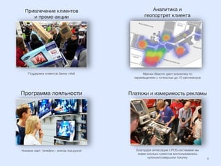 4	
  
Платежи и измеримость рекламы
Аналитика и  
геопортрет клиента
Программа лояльности
Привлечение клиентов  
и промо-акции 
Маячки iBeacon дают аналитику по
перемещениям с точностью до 10 сантиметров
Поддержка клиентов банка: retail
Благодаря интеграции с POS-системами мы
знаем сколько клиентов воспользовались
купоном/совершили покупку
Никаких карт, телефон - всегда под рукой
 