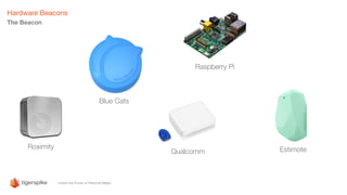 Hardware Beacons
The Beacon
Blue Cats
Raspberry Pi
EstimoteRoximity
Qualcomm
 