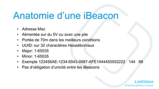 LinkValue
#TheGreatPlaceToGeek
Anatomie d’une iBeacon
• Adresse Mac
• Alimentée sur du 5V ou avec une pile
• Portée de 70m dans les meilleurs conditions
• UUID: sur 32 charactères Hexadécimaux
• Major: 1-65535
• Minor: 1-65535
• Exemple 123456AE-1234-6543-0987-AFE1444455552222 144 88
• Pas d’obligation d’unicité entre les iBeacons
 