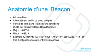 LinkValue
#TheGreatPlaceToGeek
Anatomie d’une iBeacon
• Adresse Mac
• Alimentée sur du 5V ou avec une pile
• Portée de 70m...