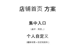 店铺首页 方案
集中入口
（点评，美团...）
个人自定义
（硬件销售＋自定制跳转）
 