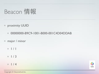 Beacon 情報
proximity UUID
00000000-B9C9-1001-B000-001C4D04DDAB
major / minor
1 / 1
1 / 3
1 / 4
Copyright © Classmethod, Inc.
 
