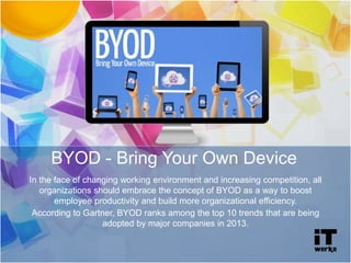 BYOD - Bring Your Own Device
In the face of changing working environment and increasing competition, all
organizations should embrace the concept of BYOD as a way to boost
employee productivity and build more organizational efficiency.
According to Gartner, BYOD ranks among the top 10 trends that are being
adopted by major companies in 2013.
 