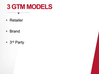 3 GTM MODELS 
• Retailer 
• Brand 
• 3rd Party 
 