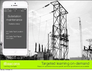 Substation
maintenance
Available videos

HV Cable Fault Location

New

HV Cable Fault Repair
Watch again

Conceptual mock up

iBeacons
Learning concepts

Monday, 14 October 13

Targeted learning on-demand

Beacon in substation ensures speciﬁc technical speciﬁcations are available

 