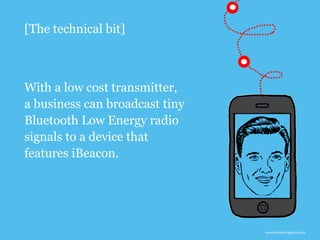 With a low cost transmitter,
a business can broadcast tiny
Bluetooth Low Energy radio
signals to a device that
features iB...