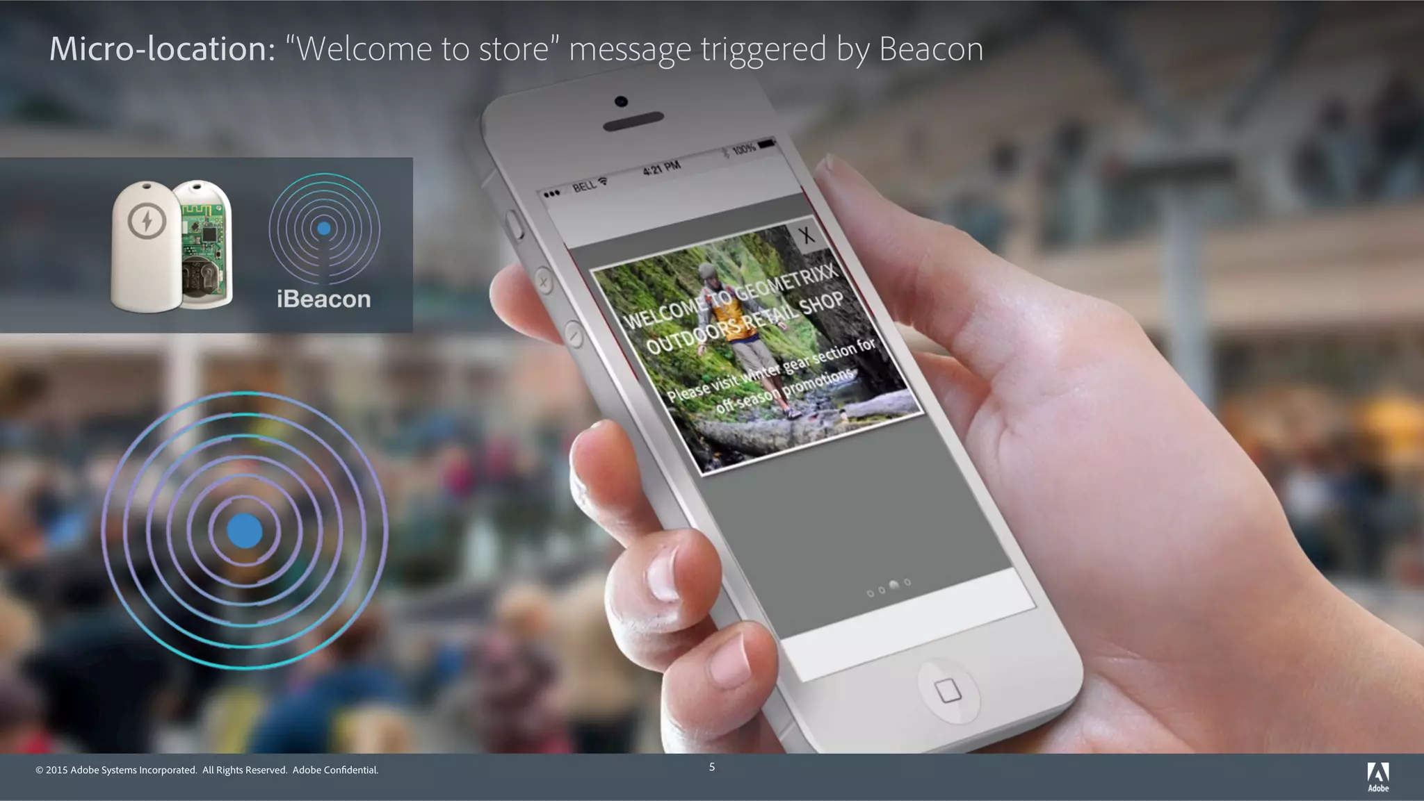 © 2015 Adobe Systems Incorporated. All Rights Reserved. Adobe Confidential.
Micro-location: “Welcome to store” message triggered by Beacon
5
 