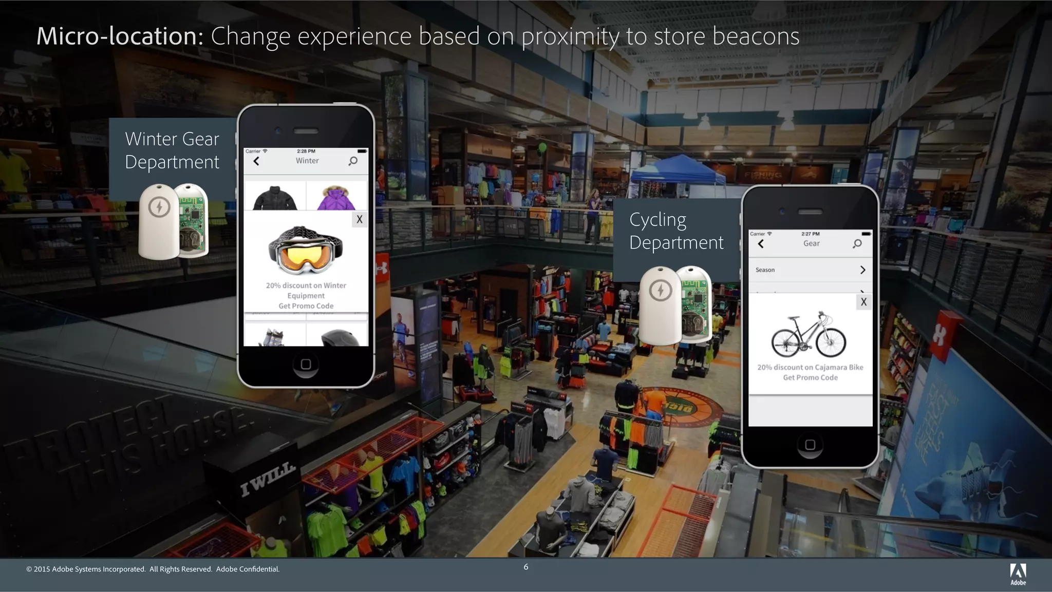 © 2015 Adobe Systems Incorporated. All Rights Reserved. Adobe Confidential. 6
Micro-location: Change experience based on proximity to store beacons
Winter Gear
Department
Cycling
Department
 