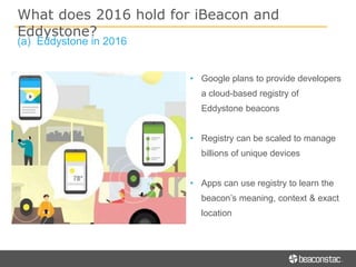 What does 2016 hold for iBeacon and
Eddystone?
(a) Eddystone in 2016
• Google plans to provide developers
a cloud-based registry of
Eddystone beacons
• Registry can be scaled to manage
billions of unique devices
• Apps can use registry to learn the
beacon’s meaning, context & exact
location
 