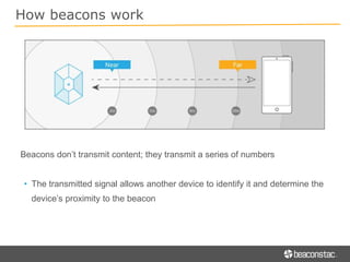 Beacons don’t transmit content; they transmit a series of numbers
• The transmitted signal allows another device to identify it and determine the
device’s proximity to the beacon
How beacons work
 