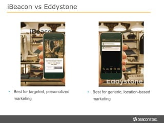 • Best for targeted, personalized
marketing
• Best for generic, location-based
marketing
iBeacon vs Eddystone
 