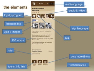 the elements
250 words
multi-language
upto 3 images
+ own look & feel
tourist info link
audio & video
facebook like
rate
sign language
quiz
goto more iBkns
loyalty program
 