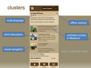 clusters
multi-language
offline viewing
unlimited number
of iBeakens
visual navigation
short description
only 1 code per room
 