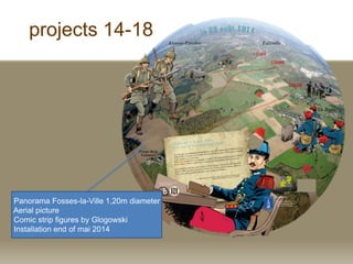 projects 14-18
Panorama Fosses-la-Ville 1,20m diameter
Aerial picture
Comic strip figures by Glogowski
Installation end of mai 2014
 