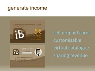 generate income
sell prepaid cards
customizable
virtual catalogue
sharing revenue
 