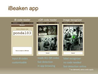iBeaken app
* on demand, extra costs apply
reads ALL QR codes
fast detection
in app browsing
label recogniser
no code needed
fast detection online
input iB codes
customizable
iB code reader vQR code reader image recognizer
 