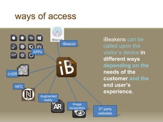 ways of access
iBeakens can be
called upon the
visitors device in
different ways
depending on the
needs of the
customer and the
end users
experience.
APPs
(v)QR
NFC
Augmented
reality
Image
recognition
iBeacon
3rd party
websites
 