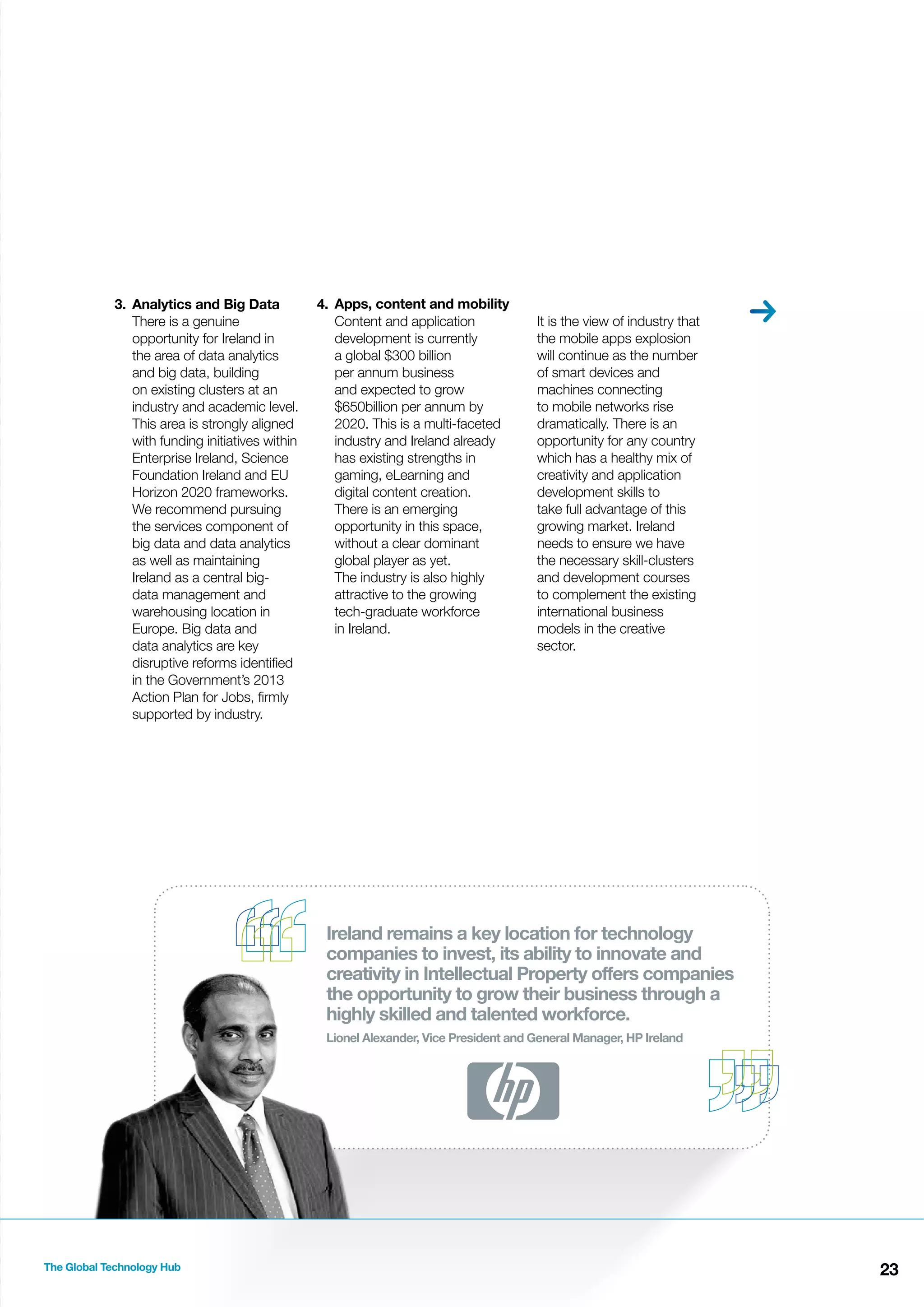 3. Analytics and Big Data
There is a genuine
opportunity for Ireland in
the area of data analytics
and big data, building
on existing clusters at an
industry and academic level.
This area is strongly aligned
with funding initiatives within
Enterprise Ireland, Science
Foundation Ireland and EU
Horizon 2020 frameworks.
We recommend pursuing
the services component of
big data and data analytics
as well as maintaining
Ireland as a central bigdata management and
warehousing location in
Europe. Big data and
data analytics are key
disruptive reforms identiﬁed
in the Government’s 2013
Action Plan for Jobs, ﬁrmly
supported by industry.

4. Apps, content and mobility
Content and application
development is currently
a global $300 billion
per annum business
and expected to grow
$650billion per annum by
2020. This is a multi-faceted
industry and Ireland already
has existing strengths in
gaming, eLearning and
digital content creation.
There is an emerging
opportunity in this space,
without a clear dominant
global player as yet.
The industry is also highly
attractive to the growing
tech-graduate workforce
in Ireland.

It is the view of industry that
the mobile apps explosion
will continue as the number
of smart devices and
machines connecting
to mobile networks rise
dramatically. There is an
opportunity for any country
which has a healthy mix of
creativity and application
development skills to
take full advantage of this
growing market. Ireland
needs to ensure we have
the necessary skill-clusters
and development courses
to complement the existing
international business
models in the creative
sector.

Ireland remains a key location for technology
companies to invest, its ability to innovate and
creativity in Intellectual Property offers companies
the opportunity to grow their business through a
highly skilled and talented workforce.
Lionel Alexander, Vice President and General Manager, HP Ireland

The Global Technology Hub

23

 