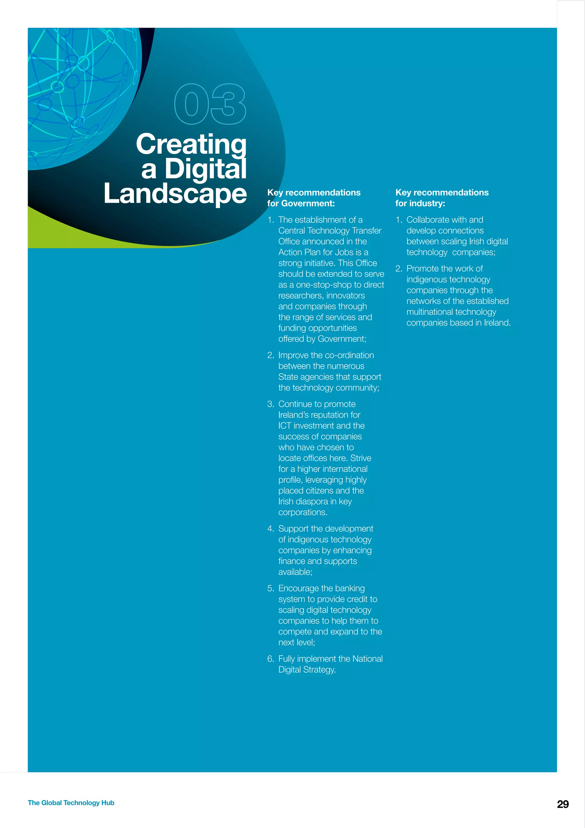 Creating
a Digital
Landscape

03
Key recommendations
for Government:

Key recommendations
for industry:

1. The establishment of a
Central Technology Transfer
Ofﬁce announced in the
Action Plan for Jobs is a
strong initiative. This Ofﬁce
should be extended to serve
as a one-stop-shop to direct
researchers, innovators
and companies through
the range of services and
funding opportunities
offered by Government;

1. Collaborate with and
develop connections
between scaling Irish digital
technology companies;
2. Promote the work of
indigenous technology
companies through the
networks of the established
multinational technology
companies based in Ireland.

2. Improve the co-ordination
between the numerous
State agencies that support
the technology community;
3. Continue to promote
Ireland’s reputation for
ICT investment and the
success of companies
who have chosen to
locate ofﬁces here. Strive
for a higher international
proﬁle, leveraging highly
placed citizens and the
Irish diaspora in key
corporations.
4. Support the development
of indigenous technology
companies by enhancing
ﬁnance and supports
available;
5. Encourage the banking
system to provide credit to
scaling digital technology
companies to help them to
compete and expand to the
next level;
6. Fully implement the National
Digital Strategy.

The Global Technology Hub

29

 