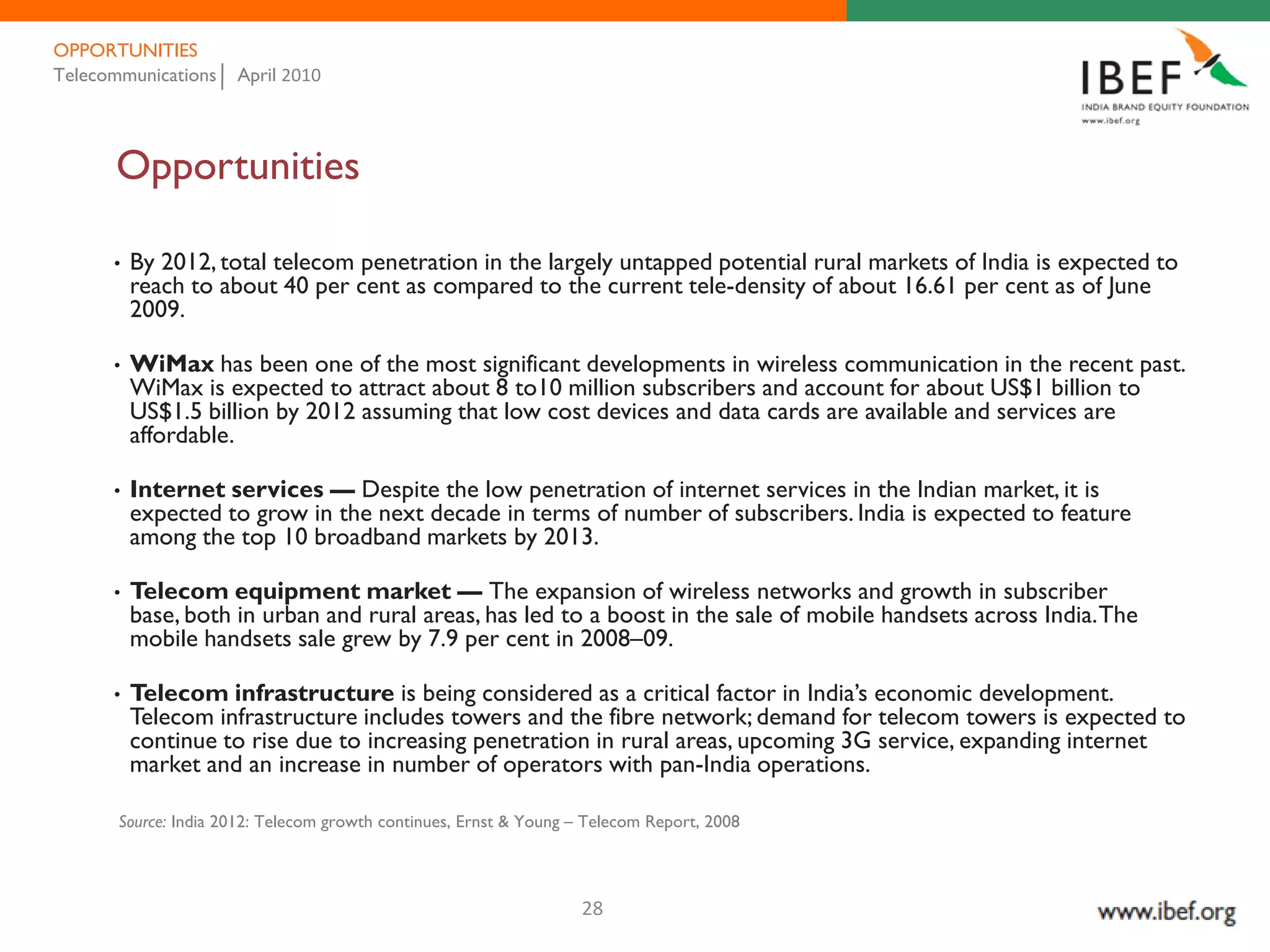 OPPORTUNITIES
Telecommunications    April 2010




      Opportunities

      •   By 2012, total telecom penetration in the largely untapped potential rural markets of India is expected to
          reach to about 40 per cent as compared to the current tele-density of about 16.61 per cent as of June
          2009.

      •   WiMax has been one of the most significant developments in wireless communication in the recent past.
          WiMax is expected to attract about 8 to10 million subscribers and account for about US$1 billion to
          US$1.5 billion by 2012 assuming that low cost devices and data cards are available and services are
          affordable.

      •   Internet services — Despite the low penetration of internet services in the Indian market, it is
          expected to grow in the next decade in terms of number of subscribers. India is expected to feature
          among the top 10 broadband markets by 2013.

      •   Telecom equipment market — The expansion of wireless networks and growth in subscriber
          base, both in urban and rural areas, has led to a boost in the sale of mobile handsets across India. The
          mobile handsets sale grew by 7.9 per cent in 2008–09.

      •   Telecom infrastructure is being considered as a critical factor in India’s economic development.
          Telecom infrastructure includes towers and the fibre network; demand for telecom towers is expected to
          continue to rise due to increasing penetration in rural areas, upcoming 3G service, expanding internet
          market and an increase in number of operators with pan-India operations.

       Source: India 2012: Telecom growth continues, Ernst & Young – Telecom Report, 2008



                                                                    28
 