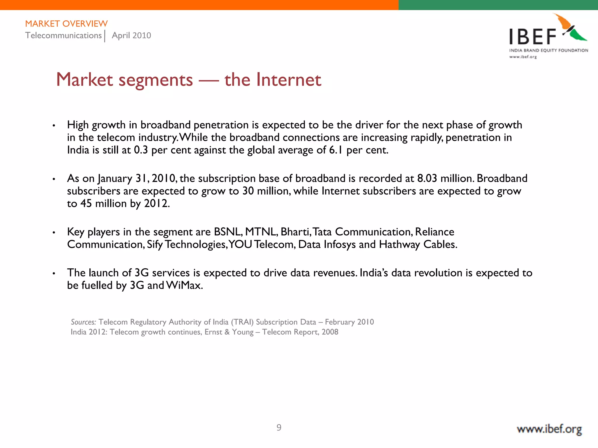 MARKET OVERVIEW
Telecommunications April 2010




          Market segments — the Internet

      •    High growth in broadband penetration is expected to be the driver for the next phase of growth
           in the telecom industry.While the broadband connections are increasing rapidly, penetration in
           India is still at 0.3 per cent against the global average of 6.1 per cent.

      •    As on January 31, 2010, the subscription base of broadband is recorded at 8.03 million. Broadband
           subscribers are expected to grow to 30 million, while Internet subscribers are expected to grow
           to 45 million by 2012.

      •    Key players in the segment are BSNL, MTNL, Bharti, Tata Communication, Reliance
           Communication, Sify Technologies,YOU Telecom, Data Infosys and Hathway Cables.

      •    The launch of 3G services is expected to drive data revenues. India’s data revolution is expected to
           be fuelled by 3G and WiMax.


           Sources: Telecom Regulatory Authority of India (TRAI) Subscription Data – February 2010
           India 2012: Telecom growth continues, Ernst & Young – Telecom Report, 2008




                                                                      9
 