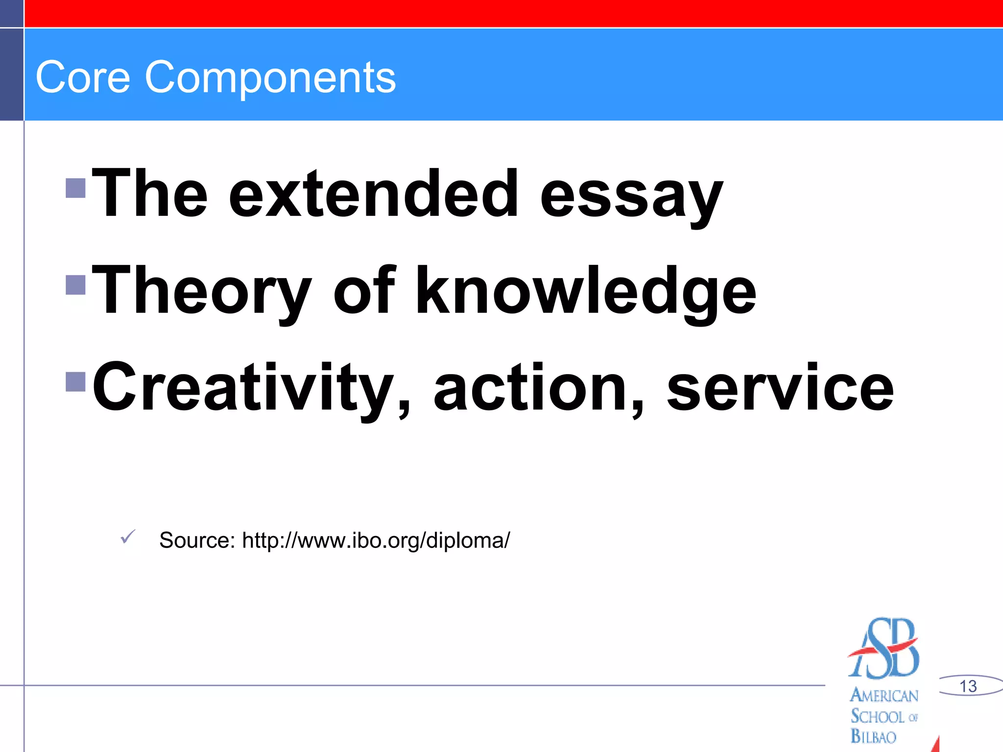 Core Components The extended essay Theory of knowledge Creativity, action, service Source: http://www.ibo.org/diploma/ 