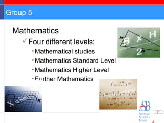 Group 5 Mathematics Four different levels: Mathematical studies Mathematics Standard Level Mathematics Higher Level Further Mathematics 