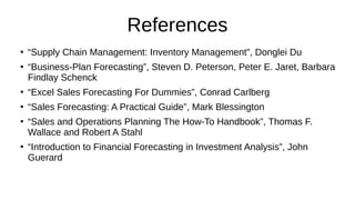 References
●
“Supply Chain Management: Inventory Management”, Donglei Du
●
“Business-Plan Forecasting”, Steven D. Peterson, Peter E. Jaret, Barbara
Findlay Schenck
●
“Excel Sales Forecasting For Dummies”, Conrad Carlberg
●
“Sales Forecasting: A Practical Guide”, Mark Blessington
●
“Sales and Operations Planning The How-To Handbook”, Thomas F.
Wallace and Robert A Stahl
●
“Introduction to Financial Forecasting in Investment Analysis”, John
Guerard
 