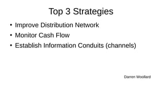 Top 3 Strategies
●
Improve Distribution Network
●
Monitor Cash Flow
●
Establish Information Conduits (channels)
Darren Woollard
 