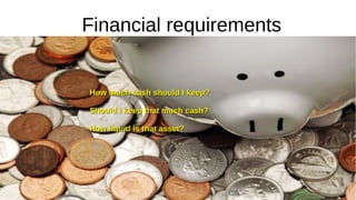 Financial requirements
How much cash should I keep?
How much cash should I keep?
Should I keep that much cash?
Should I keep that much cash?
How liquid is that asset?
How liquid is that asset?
 
