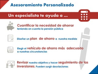 Revisar nuestro objetivo y hacer seguimiento de las
inversiones. Pueden surgir desviaciones
Asesoramiento Personalizado
Diseñar un plan de ahorro a nuestra medida
Elegir el vehículo de ahorro más adecuado
a nuestras circunstancias
Cuantificar la necesidad de ahorrar
teniendo en cuenta la pensión pública
Un especialista te ayuda a …
€
 