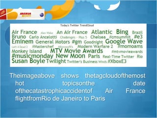 Conversationis out thereTheimageabove shows thetagcloudofthemost hot topicsonthe date ofthecatastrophicaccidentof Air France flightfromRio de Janeiro to Paris