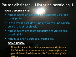 Países distintos – Historias paralelas -II FASE DESCENDENTE: Ambos sufren un periodo de decadencia y pierden sus imperios. Se vuelven la espalda el uno al otro con una política de alianzas autodefensiva. Ambos sufren una larga dictadura depurativa en el pasado siglo.  Ambos se unen a Europa el mismo día. CONCLUSIÓN: El paralelismo de las grandes tendencias y vicisitudes históricas demuestra que es una misma energía la que guía el desarrollo del proceso histórico. La energía de IBERIA  