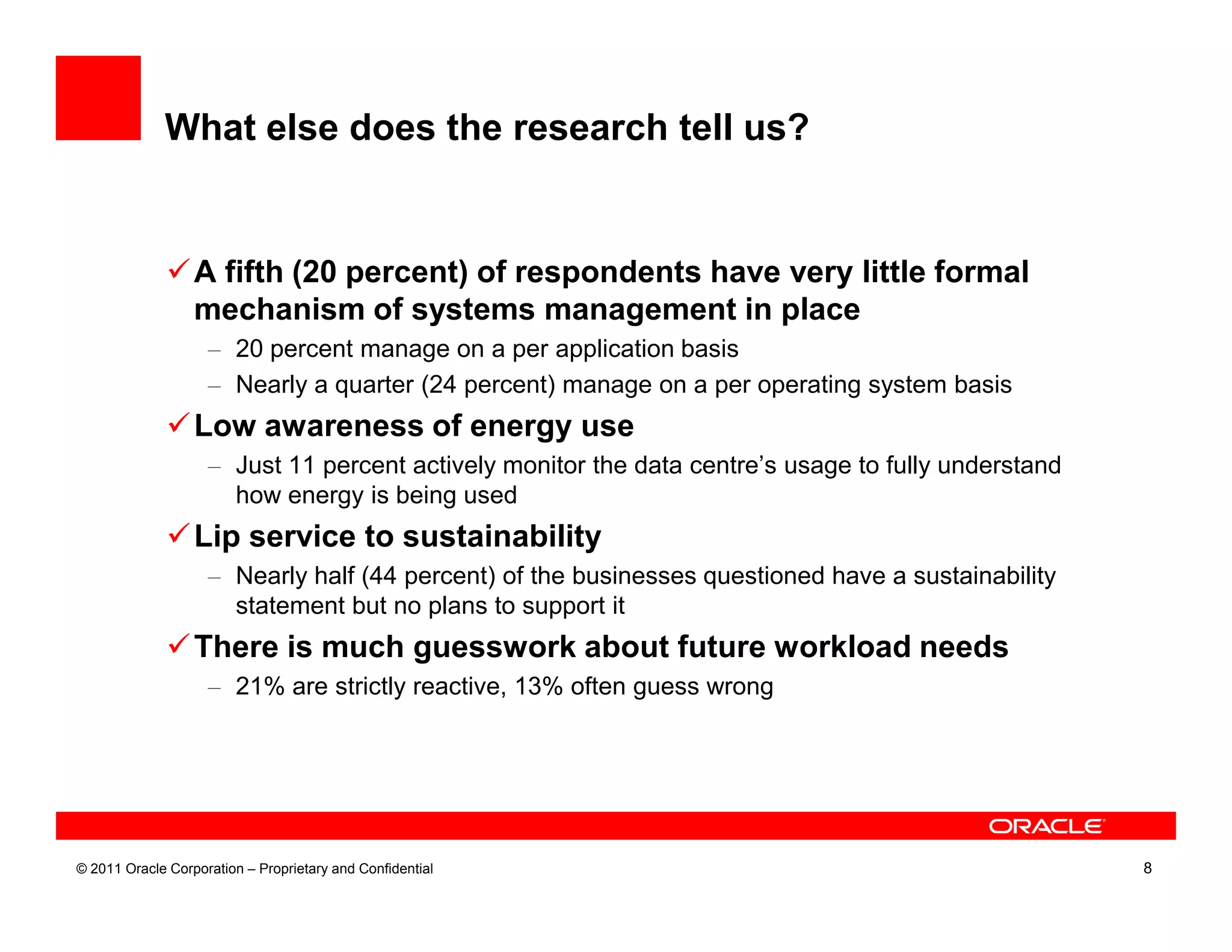 What else does the research tell us?


                  A fifth (20 percent) of respondents have very little formal
                  mechanism of systems management in place
                    – 20 percent manage on a per application basis
                    – Nearly a quarter (24 percent) manage on a per operating system basis
                  Low awareness of energy use
                    – Just 11 percent actively monitor the data centre’s usage to fully understand
                      how energy is being used
                  Lip service to sustainability
                    – Nearly half (44 percent) of the businesses questioned have a sustainability
                      statement but no plans to support it
                  There is much guesswork about future workload needs
                    – 21% are strictly reactive, 13% often guess wrong




© 2011 Oracle Corporation – Proprietary and Confidential                                             8
 